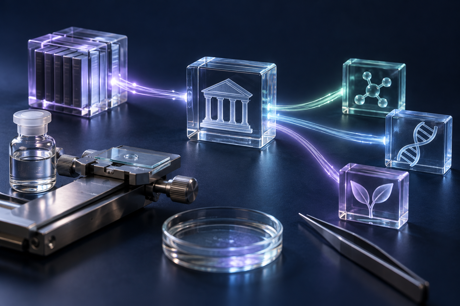 Illustrative glass research hub sends light to scientific project symbols beside laboratory equipment.